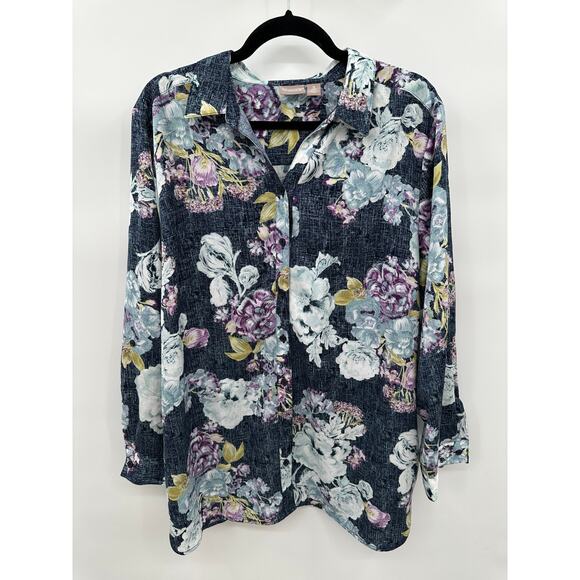 Chicos Size 3 Women's XL Floral Long Sleeve Button Down Tunic Dark Blue Purple - Picture 1 of 11